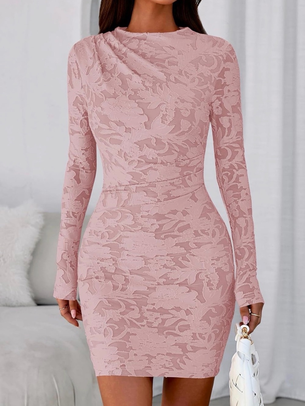 PrettyGarden Size L Pink Burnout Floral Ruched Long Sleeve Dress